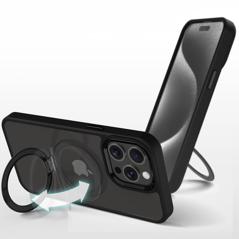 Husa pentru iPhone 15 Pro DaDen® Premium MagSafe Ring, Inel de Prindere, Incarcare Wireless, Protectie Camera, Antisoc, Fumuriu cu margini Negre 61 Gqn Opr Th L AC SL1500