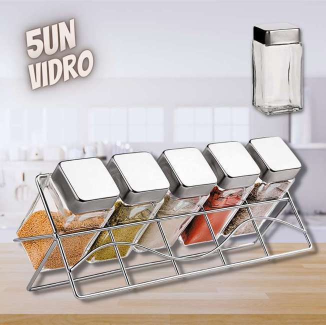 Porta Condimentos de Vidro quadrado Transparente com Suporte 6 Peças, VDR0429, Euro Home
