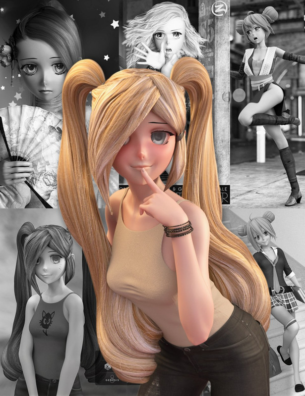 Long Pigtail Anime Hair for Genesis 3 and 8 Female(s)