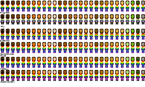 a row of people with pride flag shirts and dark brown hair