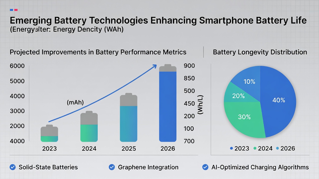 Infographic showing emerging battery technologies improving smartphone battery life test results through 2026