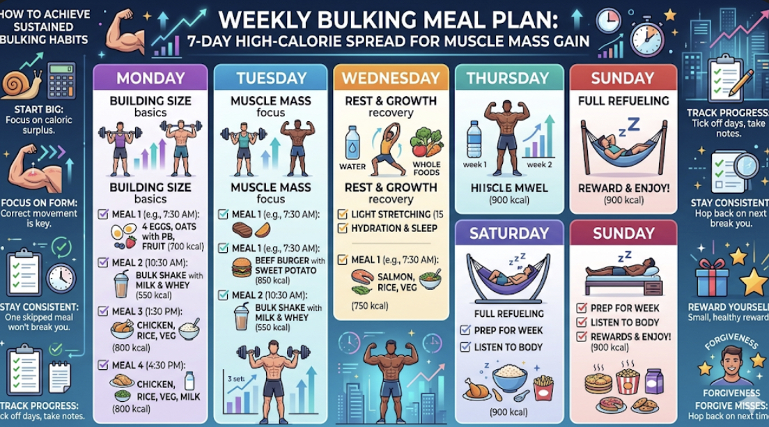 Weekly bulking meal plan schedule showing 7 day meal plan for muscle gain with high calorie foods chicken rice eggs for building muscle mass