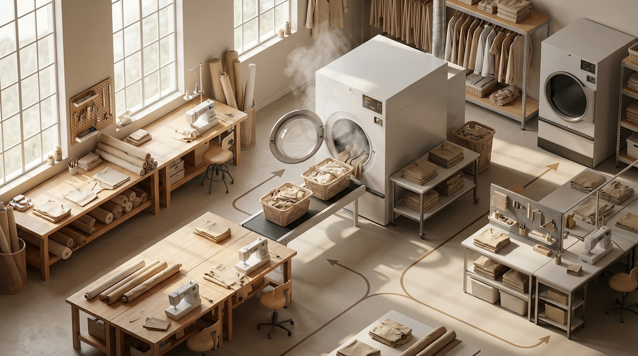 Схема интеграции промышленной стиральной машины в рабочий процесс рукодельной мастерской