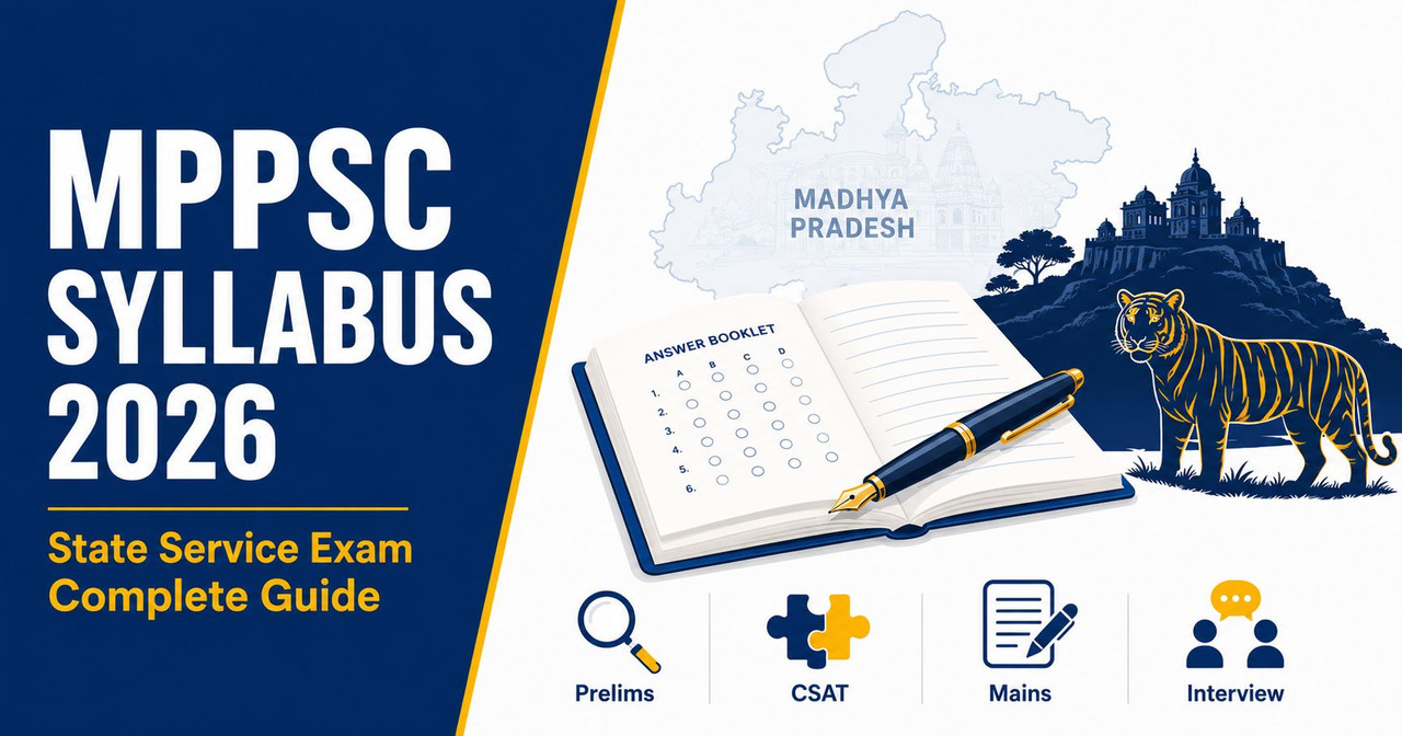 MPPSC Syllabus 2026 — State Service Exam Prelims and Mains Complete Guide MPPSC Syllabus 2026 complete guide covering State Service Exam Prelims GS and CSAT syllabus plus Mains six-paper syllabus