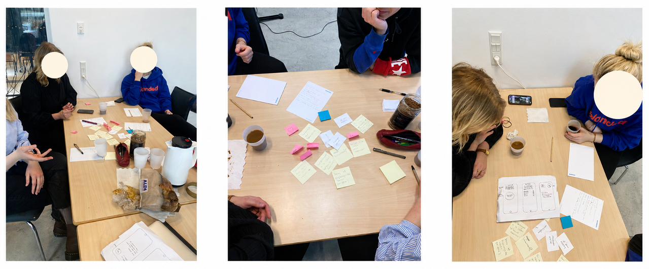 Billeder fra workshoppen med brainstorm, post-its og tidlige skitser