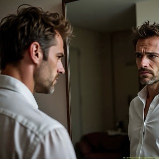 A man staring at his reflection in a mirror, looking confused and unsure of who he is, representing self-discovery and the complexity of understanding one’s inner world.