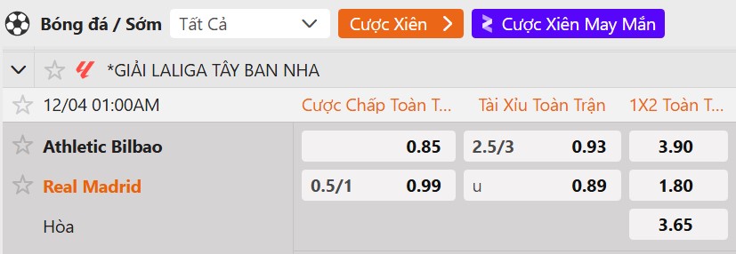 Tỷ lệ kèo&nbsp;Athletic Bilbao vs Real Madrid