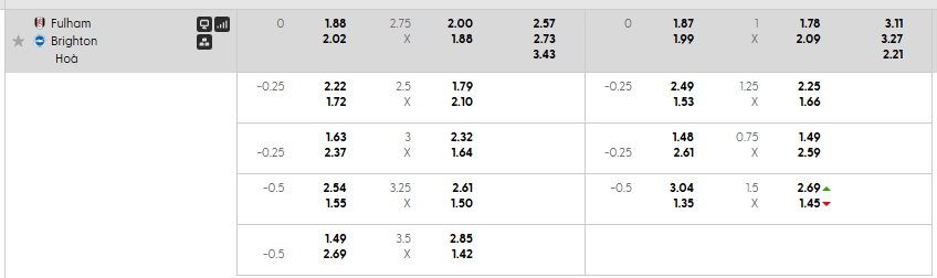 Tỷ lệ kèo Fulham vs Brighton