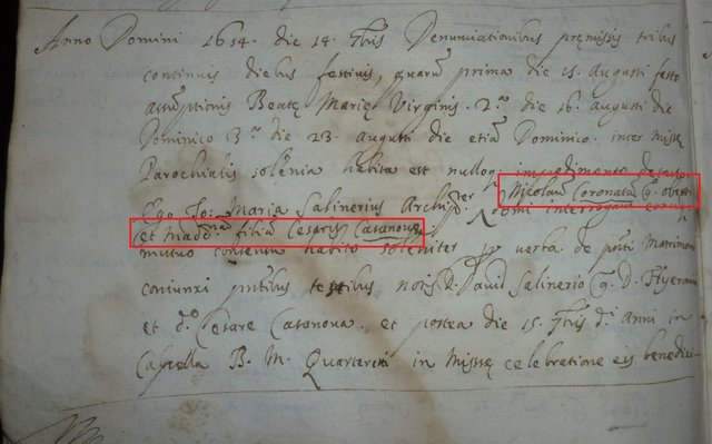 2S-1654 Matrimonio tra Nicolò Coronata e Maddalena Casanova