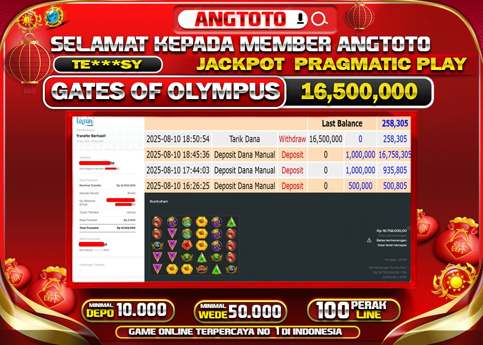 BUKTI PELUNASAN 10 AGUSTUS 2025 MENANG DI PERMAINAN GATES OF OLYMPUS  TOTAL WD 16,5 JUTA