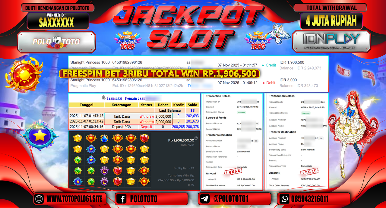 POLOTOTO JACKPOT SLOT STARLIGHT PRINCESS 1000 Rp.4.000.000,- LUNAS
