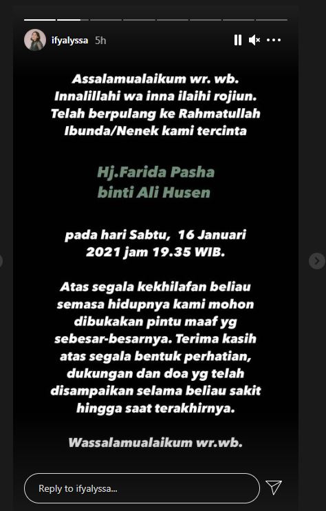 Kabar Farida Pasha Meninggal