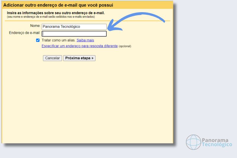 Tela de configuração para adicionar outro endereço de e-mail no Gmail