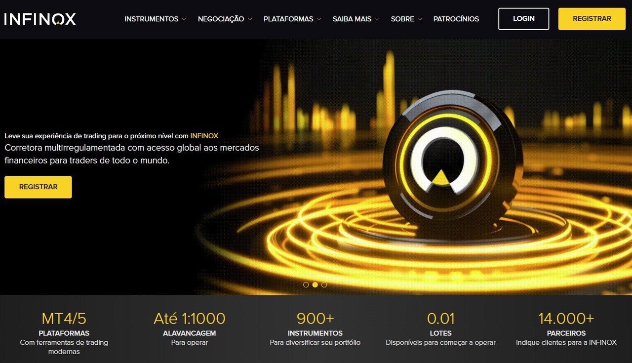 Página principal da Infinox mostrando plataformas de negociação, alavancagem de até 1000 e instrumentos.