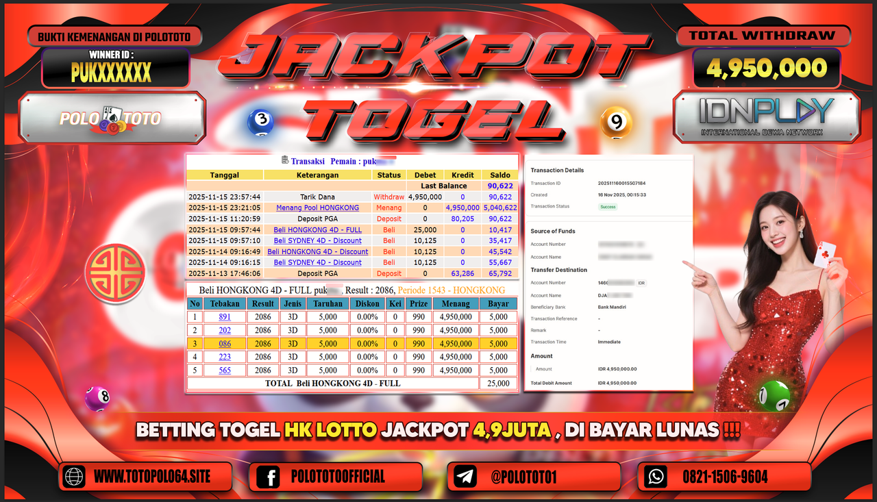 POLOTOTO JACKPOT TOGEL MENANG HONGKONG LOTTO Rp.4.950.000,- LUNAS