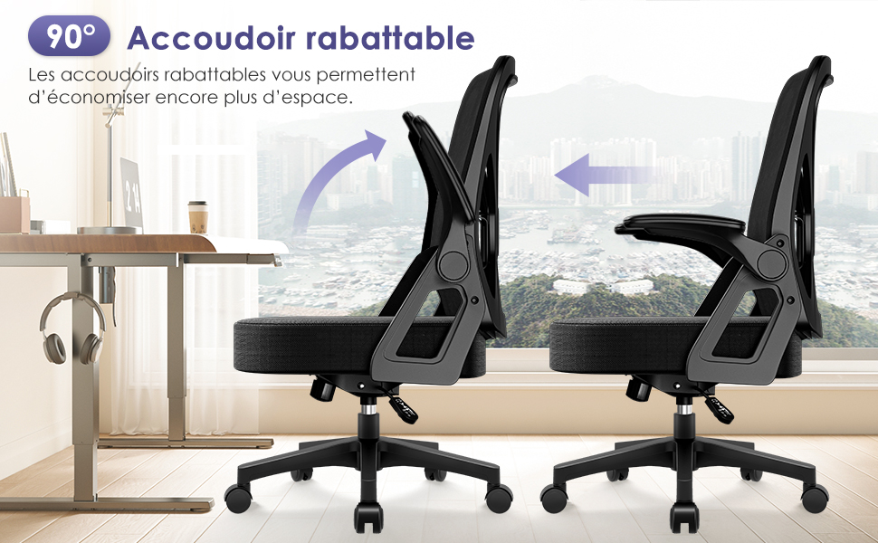 Fauteuil De Bureau Ergonomique Haut - Dossier Double Couche - Réglable En Hauteur - Accoudoirs Rabattables - Tissu Gris