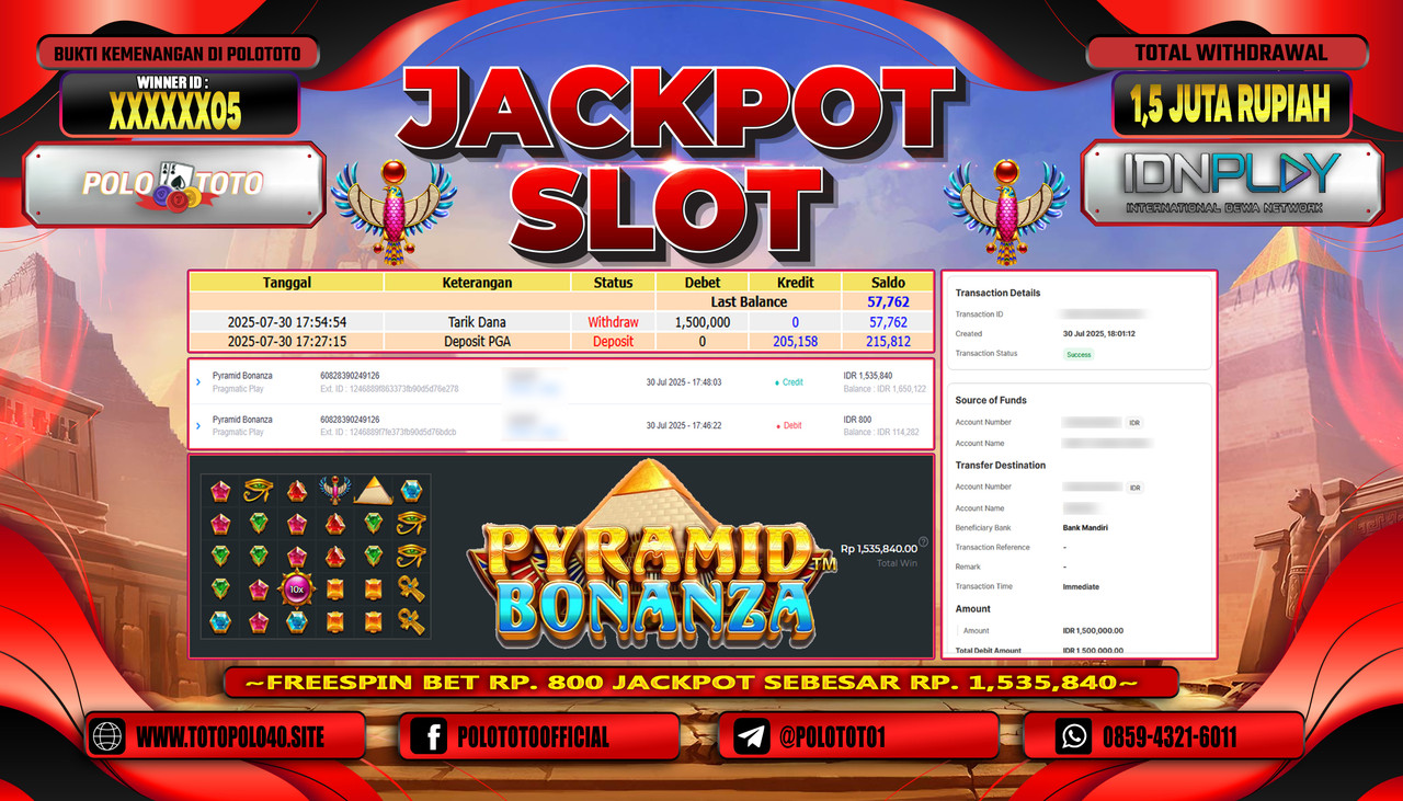 POLOTOTO JACKPOT SLOT PYRAMID BONANZA Rp.1.500.000,-LUNAS