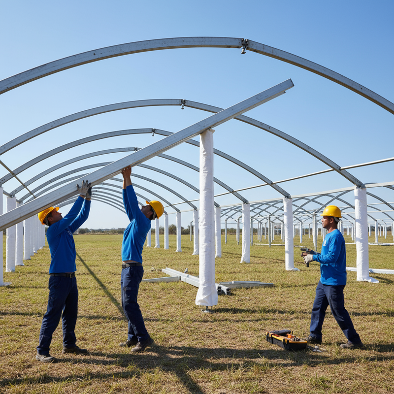 Профессиональная бригада выполняет монтаж каркасной конструкции павильона