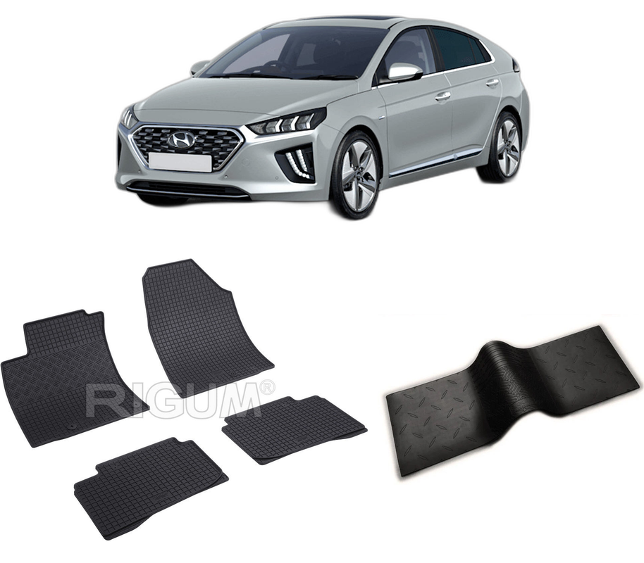 Set covorase auto HYUNDAI IONIQ HYBRID din 10.2016-PREZENT, cu covoras tunel median, CAROSERIE HATCHBACK HYBRID, Presuri cauciuc 100%, compatibil cu autoturismul HYUNDAI IONIQ HYBRID, Rigum