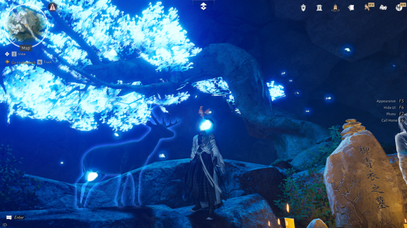screenshot from the game Where Winds Meet, featuring the player character in the ephemeral blue glows of the mini-dungeon Gleaming Abyss. The character’s face is obscured by an aesthetically-pleasing petal—but there is, if you squint, a chicken perched atop the head.