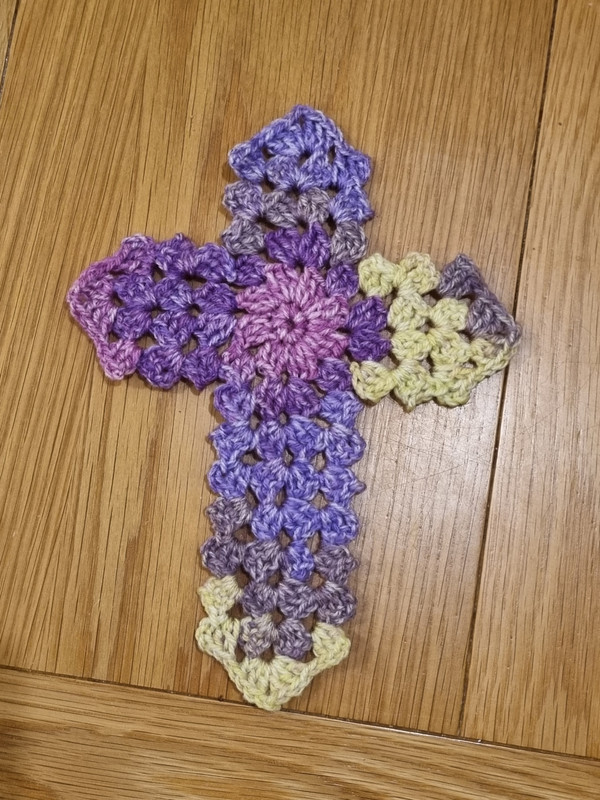 Purple, pink and green crochet cross bookmark