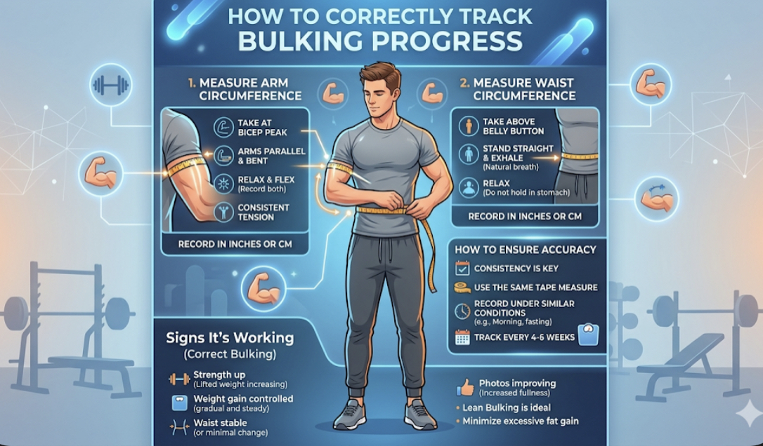 Person measuring waist and arm circumference with tape measure, showing how to track bulking progress correctly and muscle gain vs fat gain