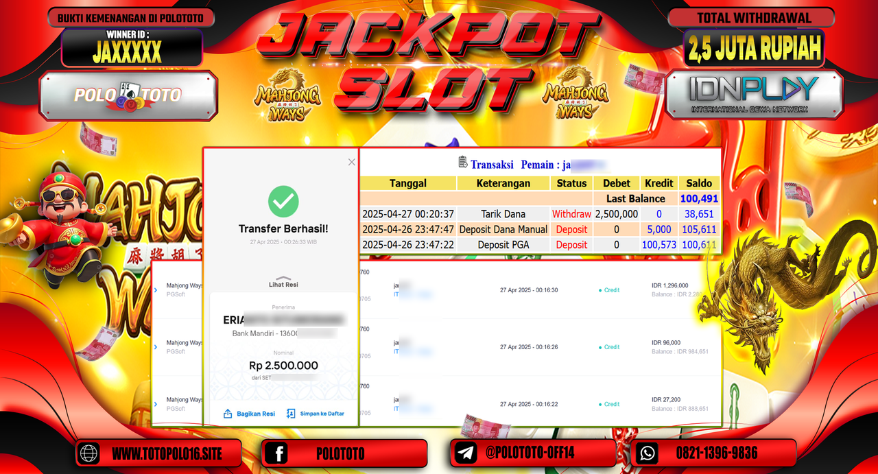 POLOTOTO JACKPOT SLOT MAHJONG WAYS Rp.2.500.000,-