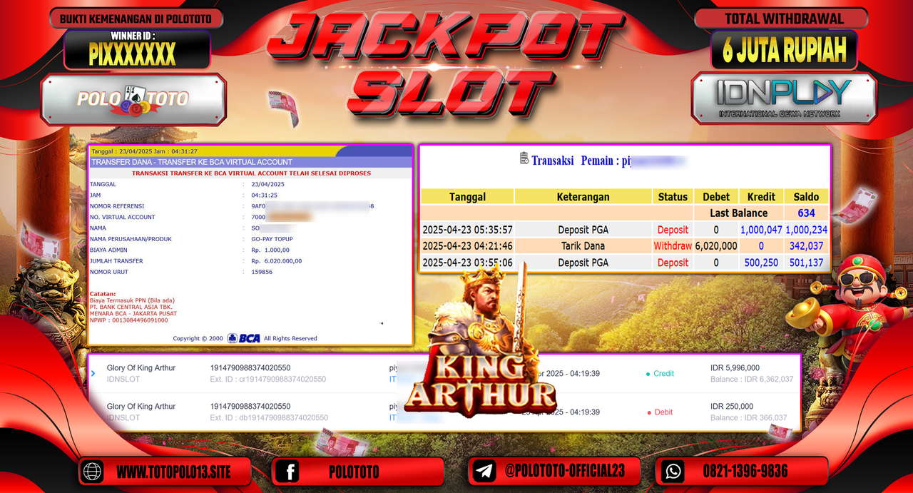 POLOTOTO JACKPOT SLOT GLORY OF KING ARTHUR Rp.6.020.000,-