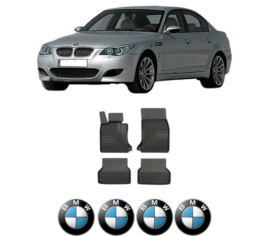Set covorase presuri BMW Seria 5 (E60) din 2001-2010, auto, din cauciuc thermoplastic, 4 Stickere auto cu BMW Seria