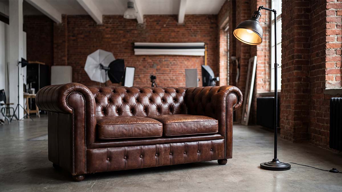 Кожаный диван Честерфилд в интерьере лофт-студии