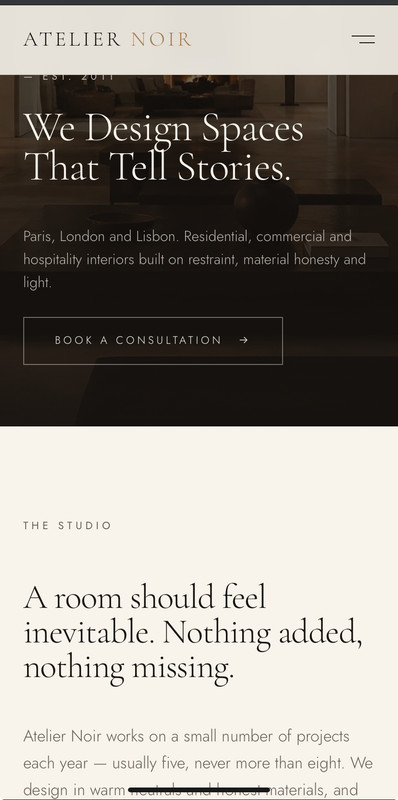 Atelier Noir Craft studio web showcase featuring handcrafted leather goods and workshop registration