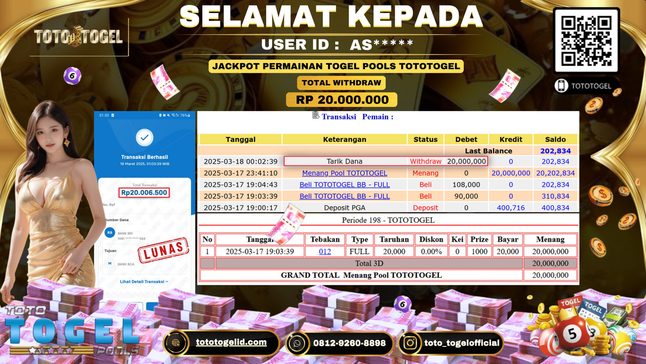 Bukti Pembayaran Jackpot  Permainan Togel Pools Tototogel ID:AS***** LUNAS