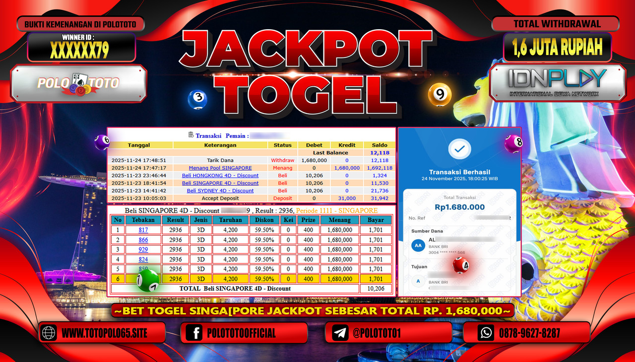 POLOTOTO JACKPOT TOGEL MENANG POOL SINGAPORE Rp.1.600.000,- LUNAS