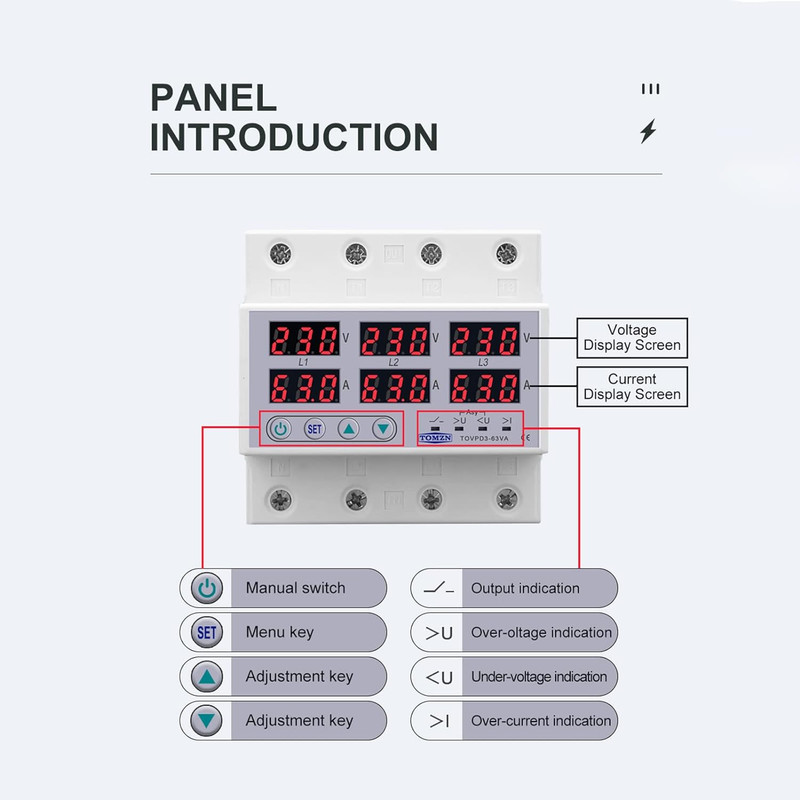 Releu de tensiune trifazat sina, JENOUS®, resetare automata, voltmetru, ampermetru, supra si subtensiune, monitor relee, protector, reglarea supratensiunii curente, 63A, 4P 2 61op Hzq m4 L AC SL1500