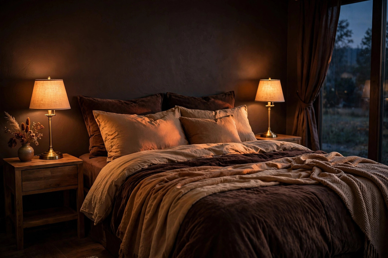 Chocolate brown bedroom at dusk with warm brass bedside lamps glowing