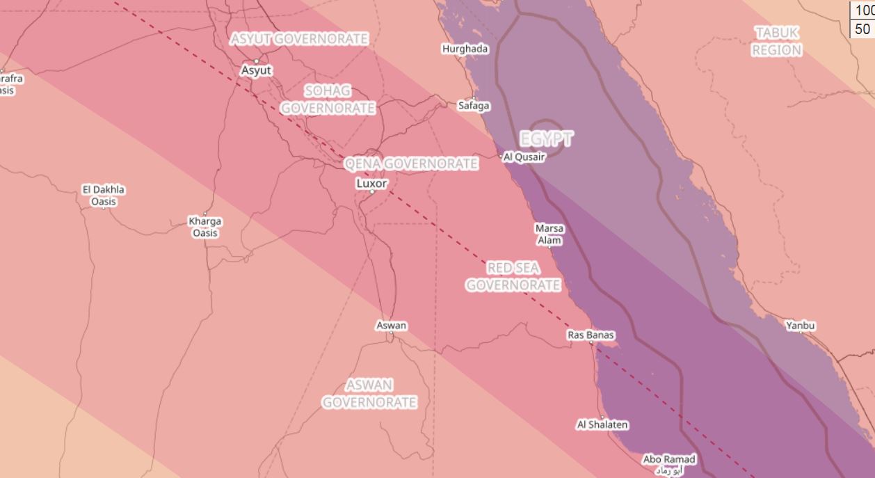 Rot und gestrichelte Linie Kernschattenpfad