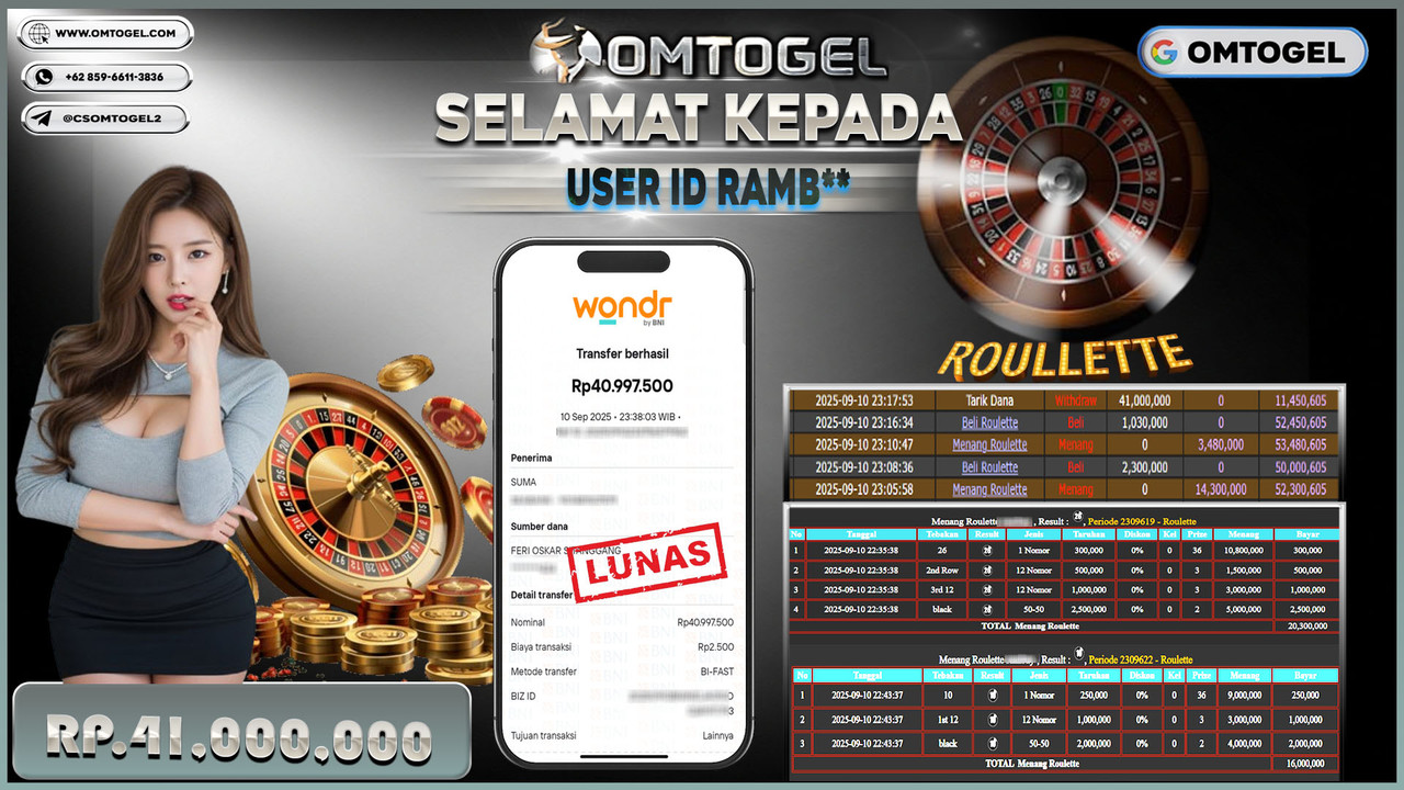 OMTOGEL JACKPOT LIVE GAMES ROULETTE 41 JUTA DI BAYAR LUNAS ,-