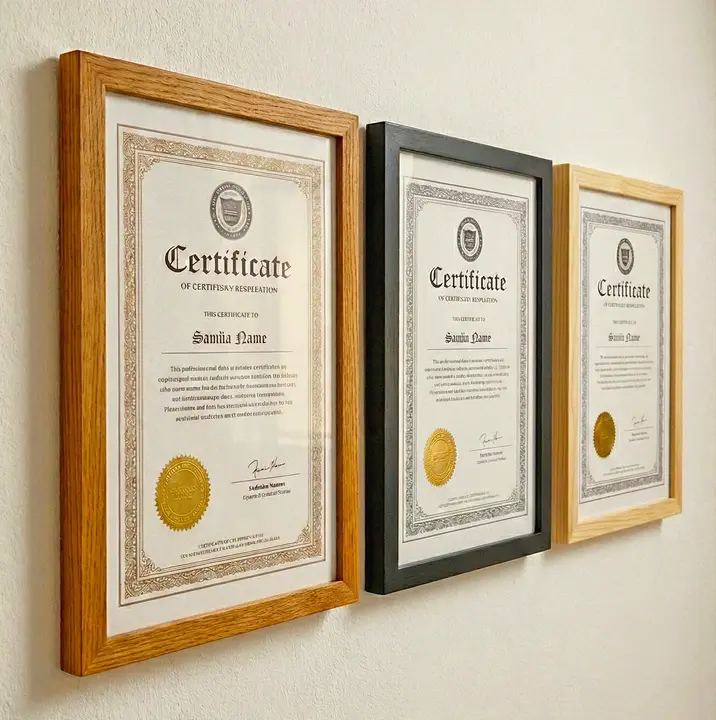 Exemplo de certificado com moldura de madeira