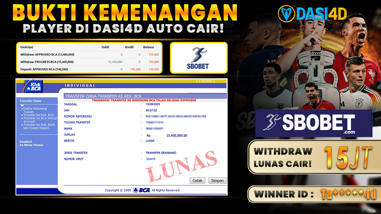 BUKTI KEMENANGAN 15 JUNI 2025 DI SPORTBOOK WD 15 JUTA
