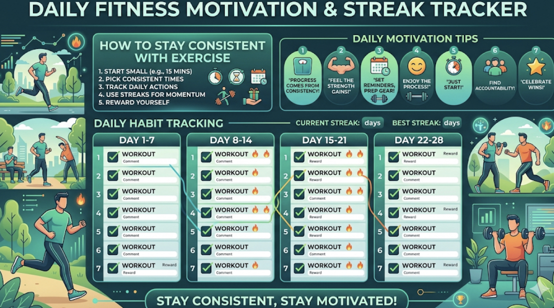 Workout habit tracker template showing fitness motivation daily and how to stay consistent with exercise using streak tracking