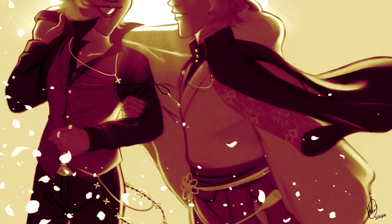 An illustration featuring Izanami Hifumi/Yumeno Gentaro (Hypnosis Mic). The two of them walk against the sunrise, petals flying across the scene. Gentaro holds onto Hifumi's arm as they smile at each other, the sunlight filtering in between them.