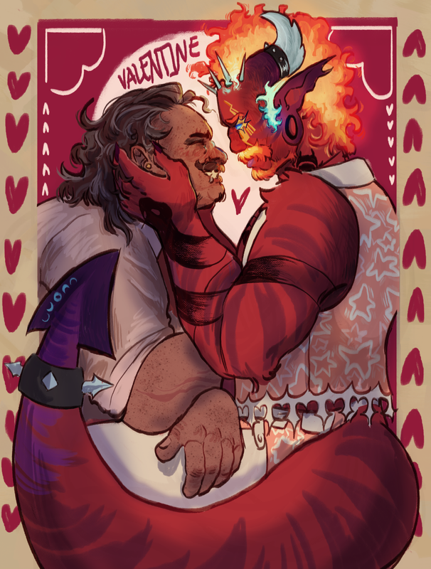 Two men lovingly embrace each other. One of them is a human who smiles warmly at the other with his eyes closed, leaning in with his arms resting on the other's lap. The other character is a devil that holds the other's face in his hands and returns his loving smile.