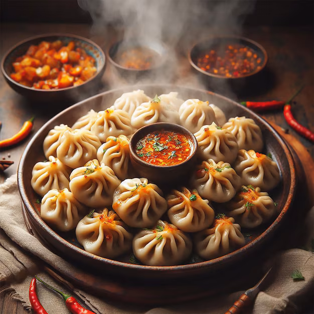 Fresh veg momos Himalayan style with spicy chutney