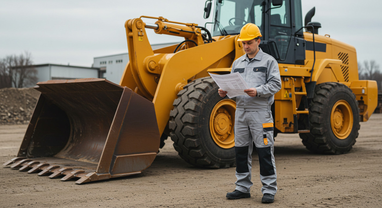 Оператор изучает технические характеристики фронтального погрузчика