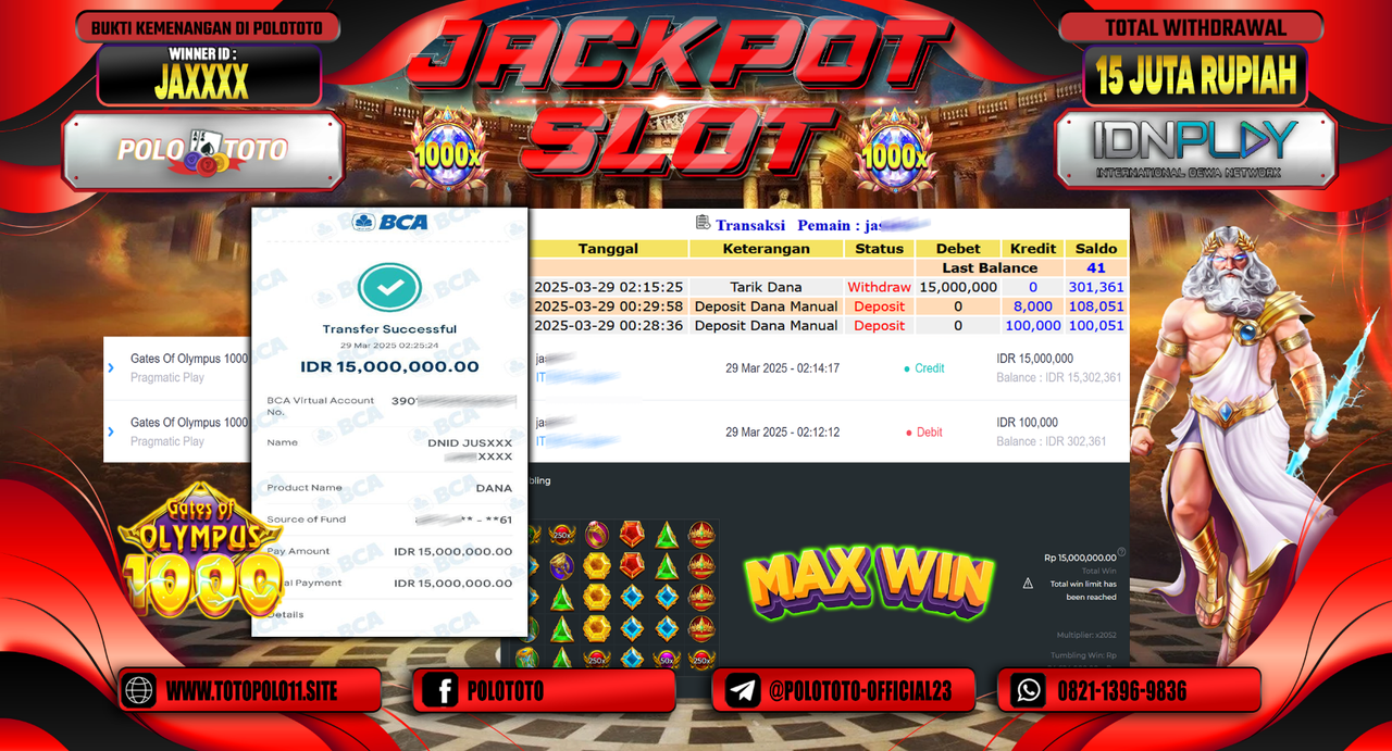 POLOTOTO JACKPOT SLOT GATES OF OLYMPUS 1000  Rp.15.000.000,-