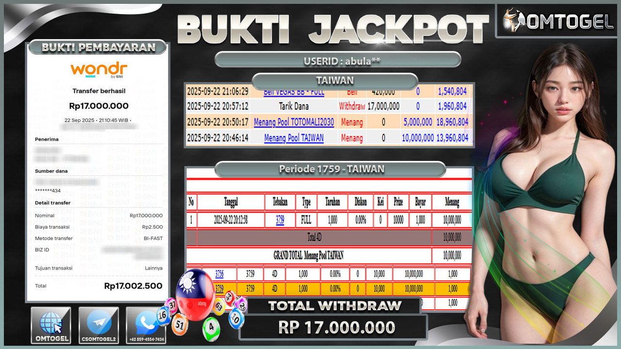OMTOGEL JACKPOT TAIWAN 4D 17 JUTA DI BAYAR LUNAS ,-