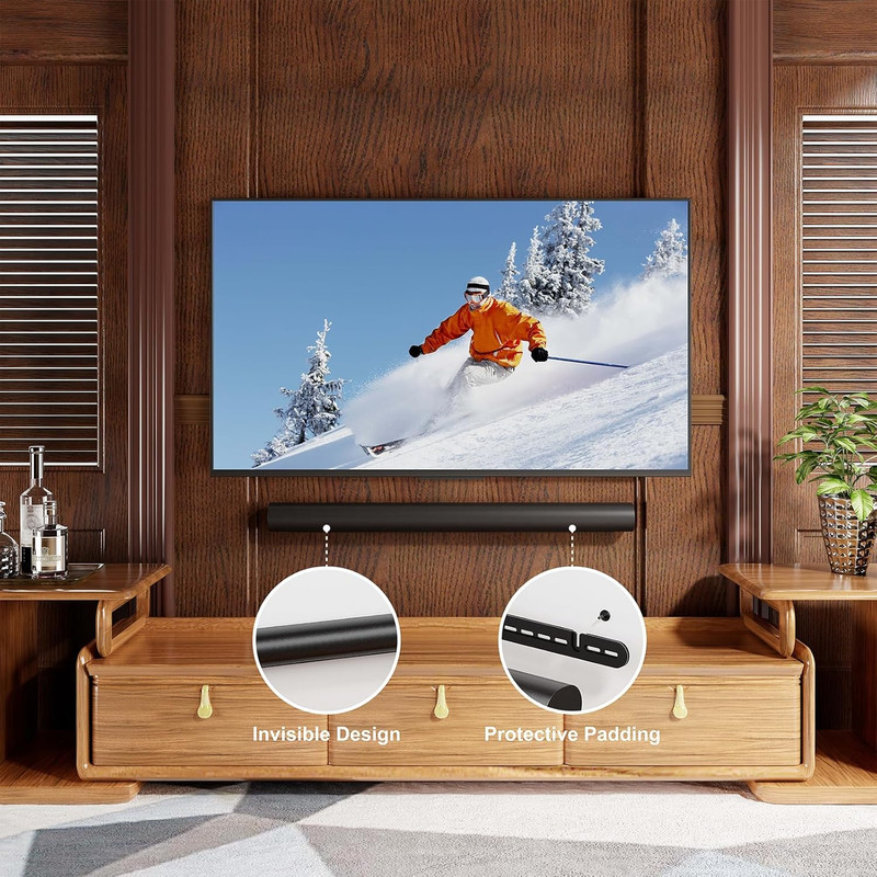 Detalle del soporte Sonos mostrando su diseño de bajo perfil que se integra con la barra Arc.