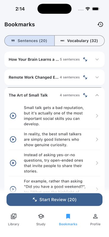 Echo Loop bookmarks - cross-audio sentence and vocabulary management