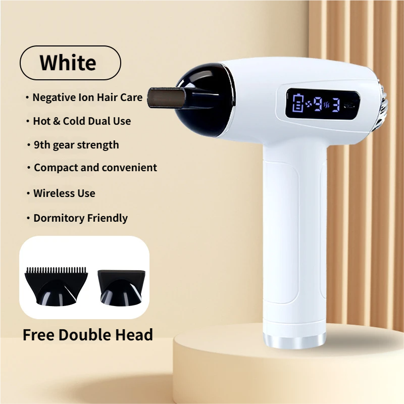 White Cordless Ionic Constant Heated Hair Dryer with LCD Display & 9 Wind Speeds - USB Rechargeable Hair Care Blow Dryer, Concentrator & Diffuser Included