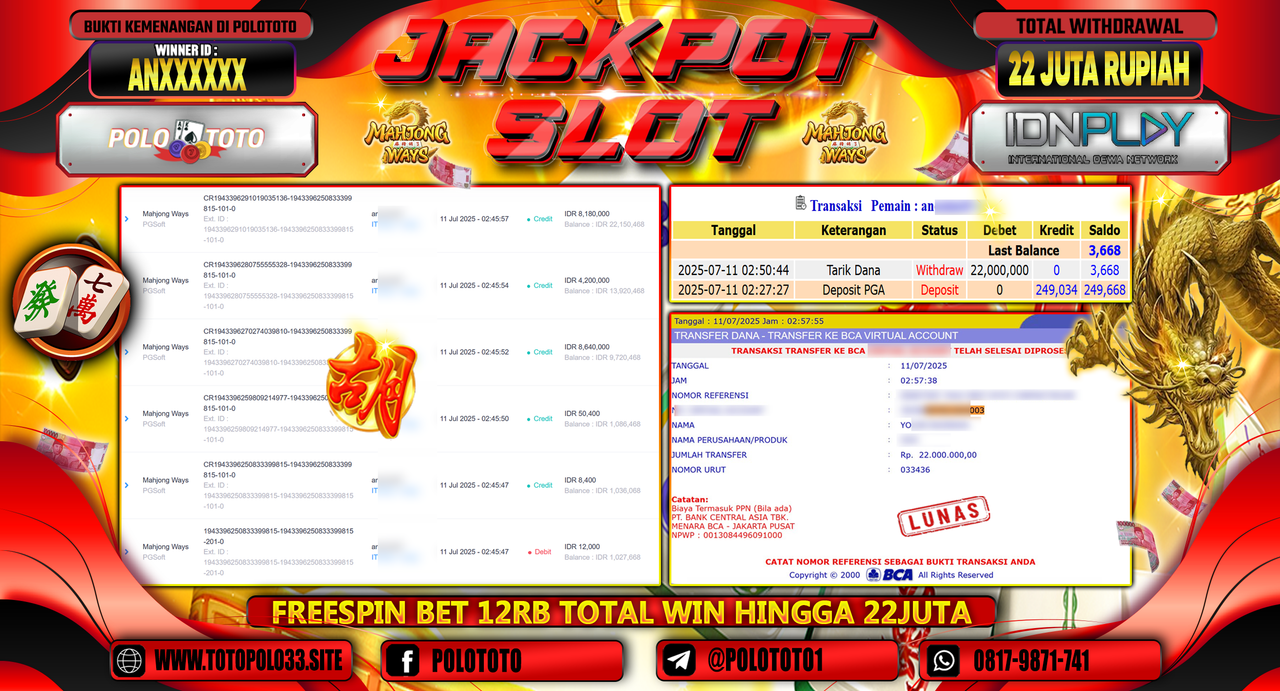 POLOTOTO JACKPOT SLOT MAHJONG WAYS Rp.22.000.000,-